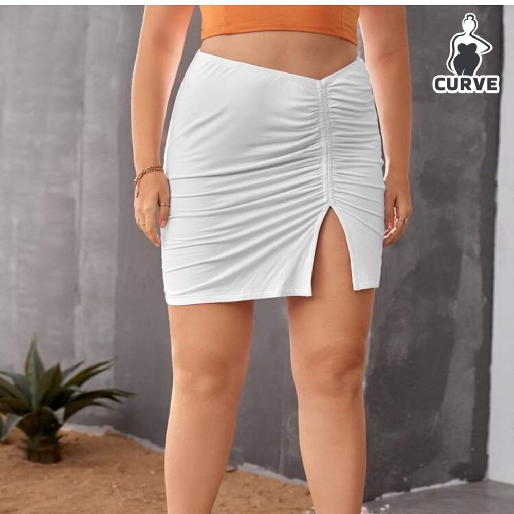 White Ruched Mini Skirt with Slit